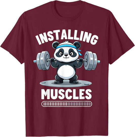 Installing Muscles Please Wait Panda Gym Barbell Fun Athlete T-Shirt - T-Shirt | Maroon