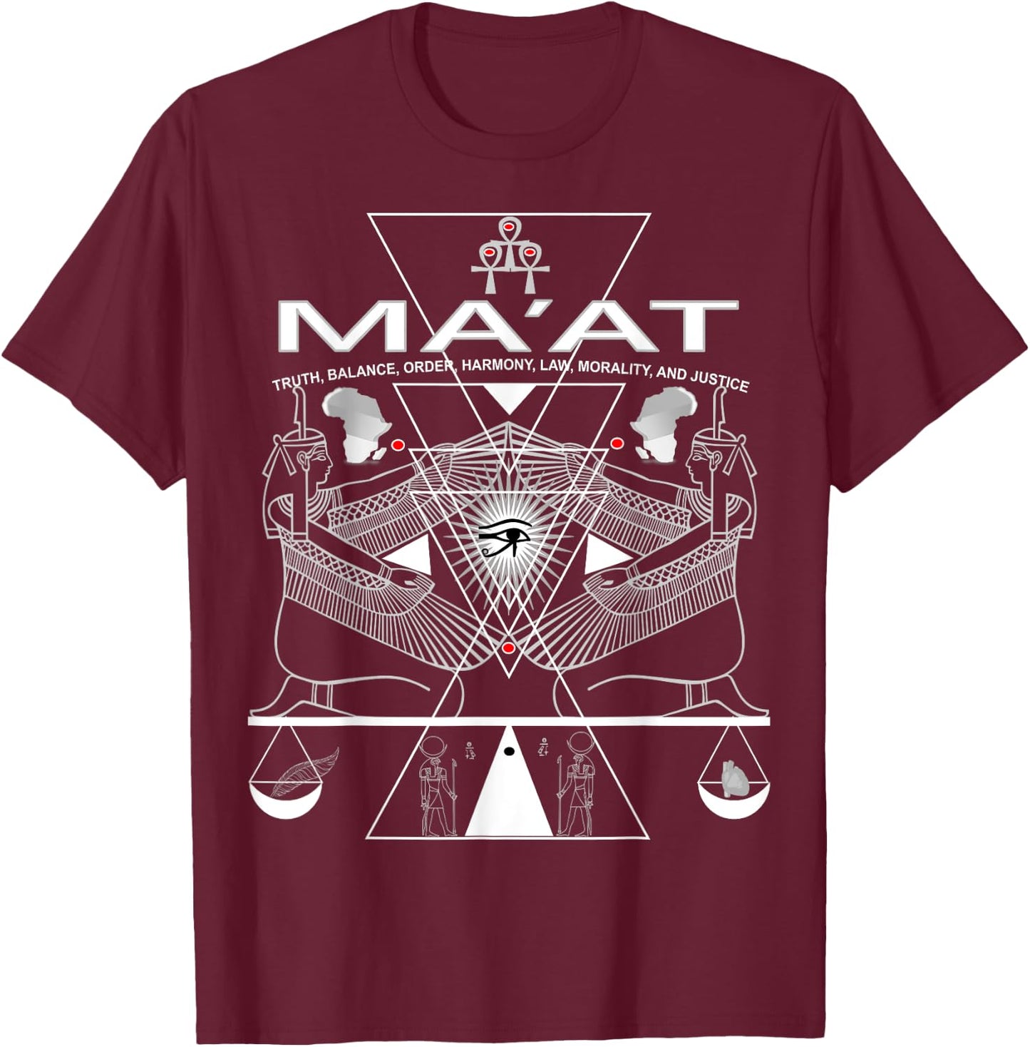 Egyptian Goddess Maat Shirt Kemetic Ankh Pyramid Africa T-Shirt - T-Shirt | Maroon
