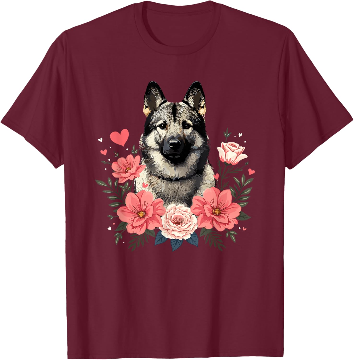 Roses Flowers Norwegian Elkhound T-Shirt - T-Shirt | Maroon