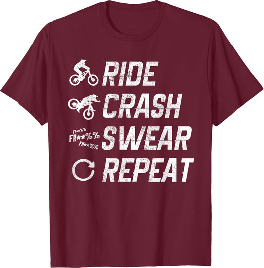 Mountain Bike Shirt - Ride Crash Swear Repeat Funny Gift T-Shirt - T-Shirt | Maroon
