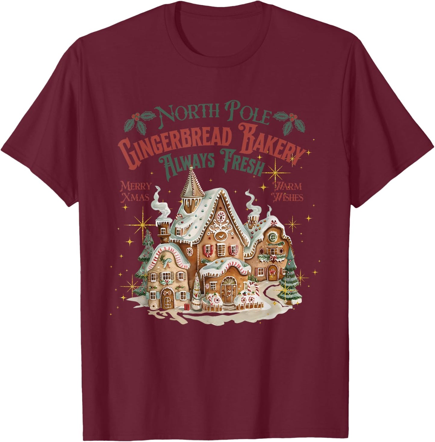 Retro Vintage North Pole Gingerbread Bakery Merry Christmas T-Shirt - T-Shirt | Maroon