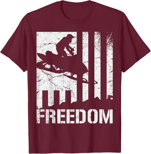 Snowmobile Snowmobiling Freedom Flag T-Shirt - T-Shirt | Maroon
