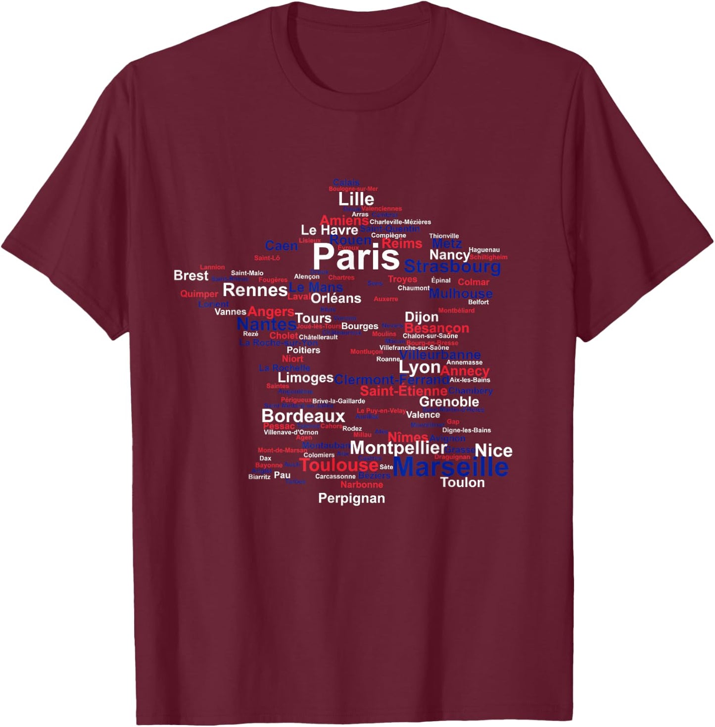 France Silhouette Map Flag French Towns Cities Travel Europe T-Shirt - T-Shirt | Maroon