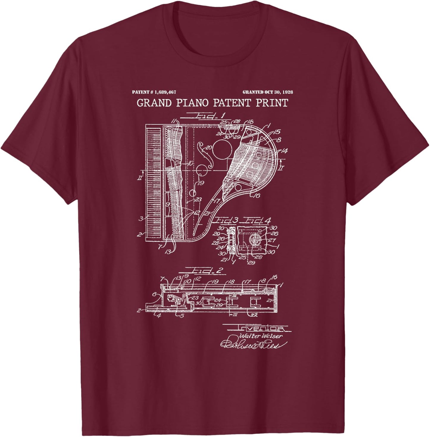 Grand Piano Patent Print 1928 - Vintage Patent Music Art T-Shirt - T-Shirt | Maroon