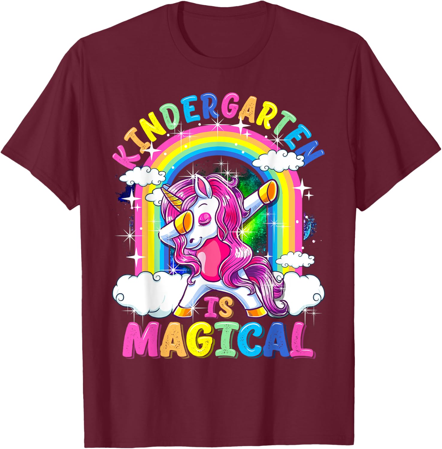 Kindergarten Is Magical Dabbing Unicorn Back To School Girls T-Shirt - T-Shirt | Maroon