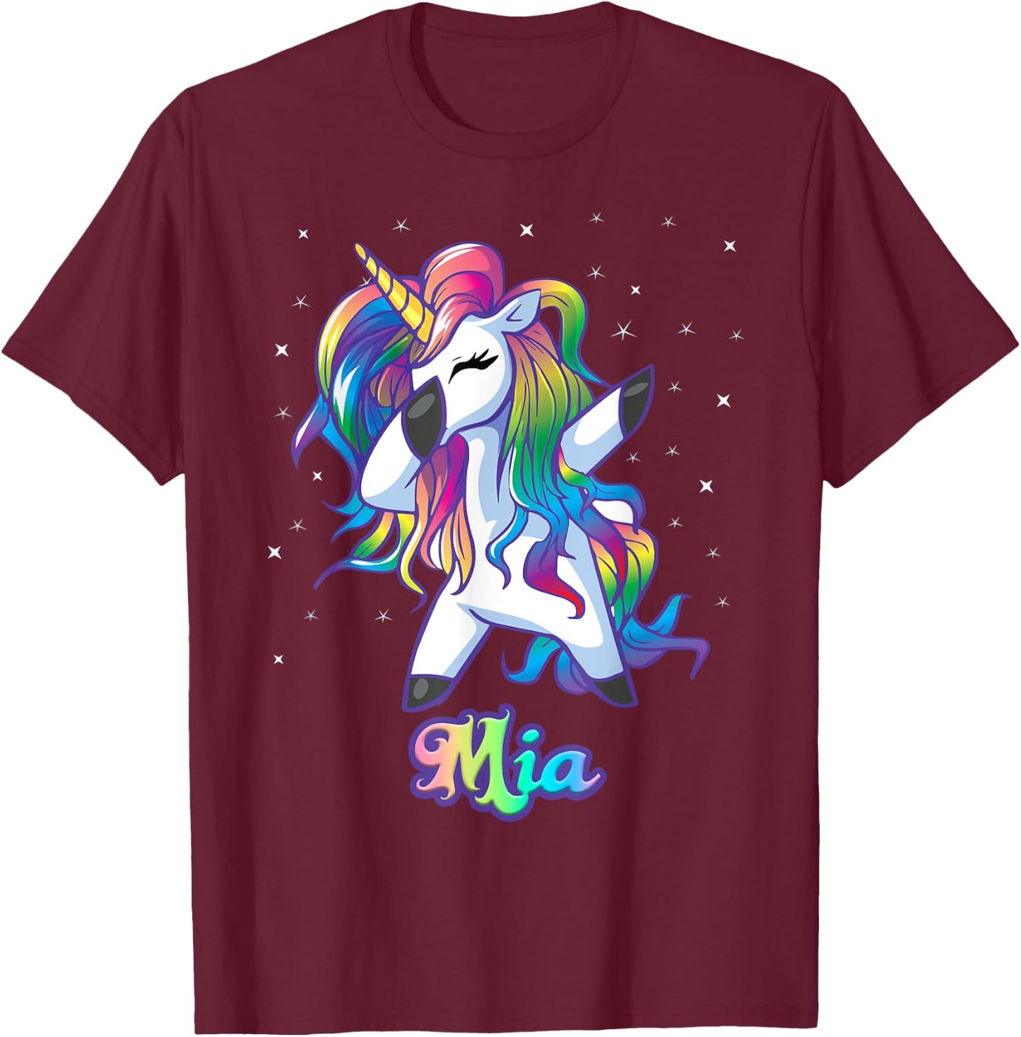 MIA Name Personalized Custom Rainbow Unicorn Dabbing T-Shirt - T-Shirt | Maroon