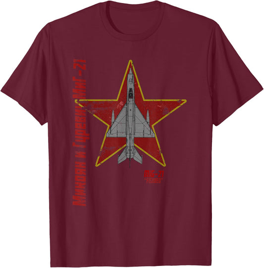 MiG-21 Fishbed Soviet Cold War Jet Airplane Vintage Cyrillic T-Shirt - T-Shirt | Maroon