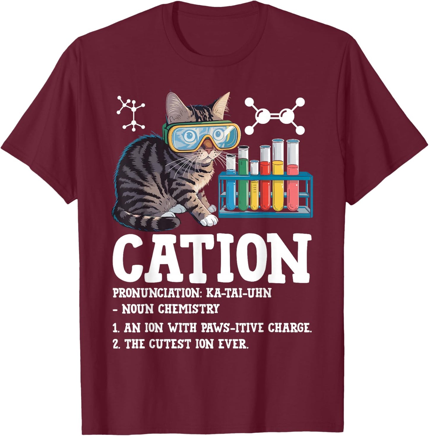 Cation Funny Chemistry Science Teacher Cat Men Women Kids T-Shirt - T-Shirt | Maroon