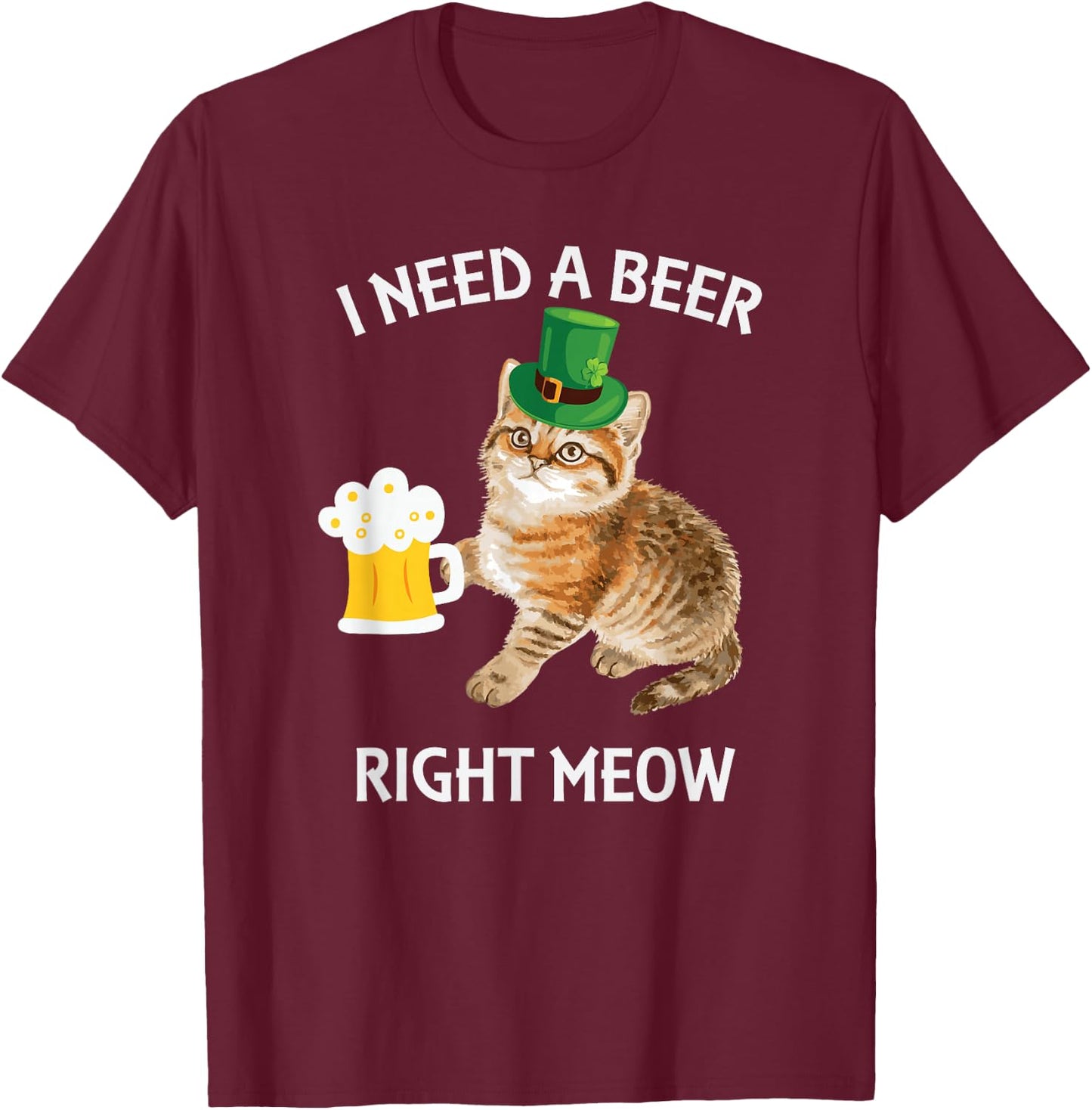 Funny Irish Beer Cat St Patricks Day Drinking with Hat T-Shirt - T-Shirt | Maroon