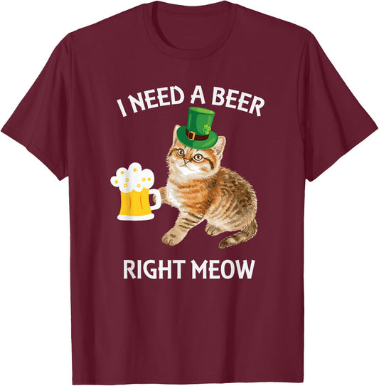 Funny Irish Beer Cat St Patricks Day Drinking with Hat T-Shirt - T-Shirt | Maroon
