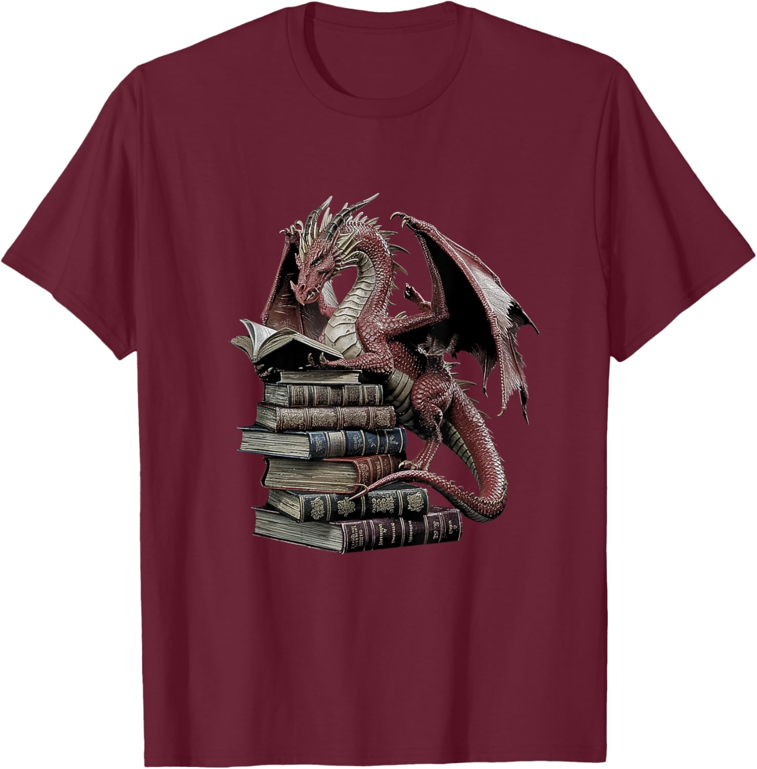 Wise Dragon Reading Books Fantasy Lover's Design T-Shirt - T-Shirt | Maroon