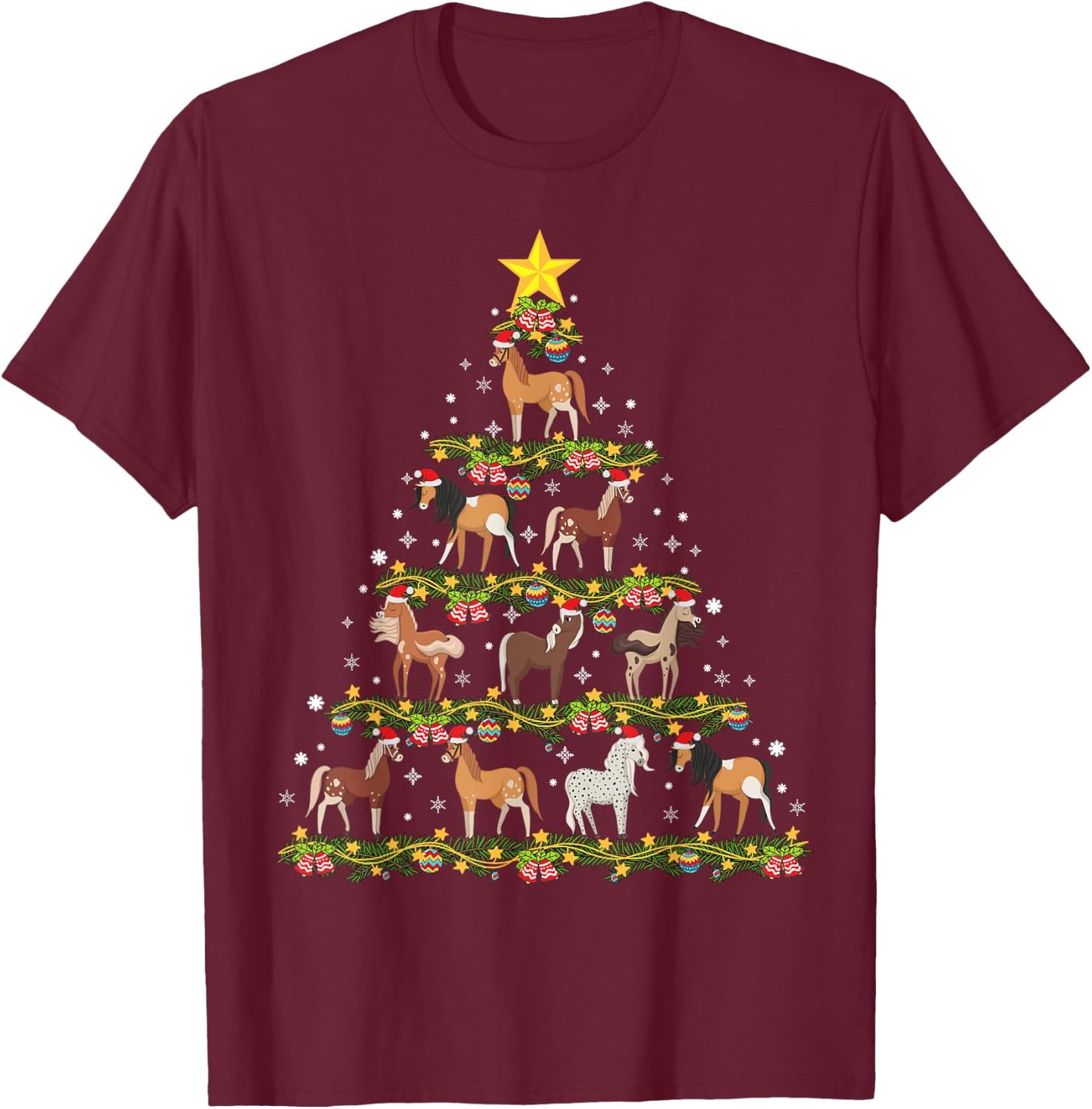 Horses Christmas Tree Horse Xmas Ornaments T-Shirt - T-Shirt | Maroon