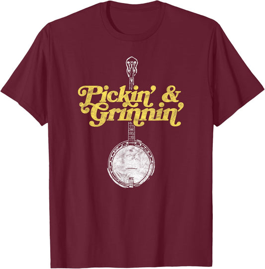 Pickin' & Grinnin' Mountain Sun & Banjo Bluegrass Shirt T-Shirt - T-Shirt | Maroon