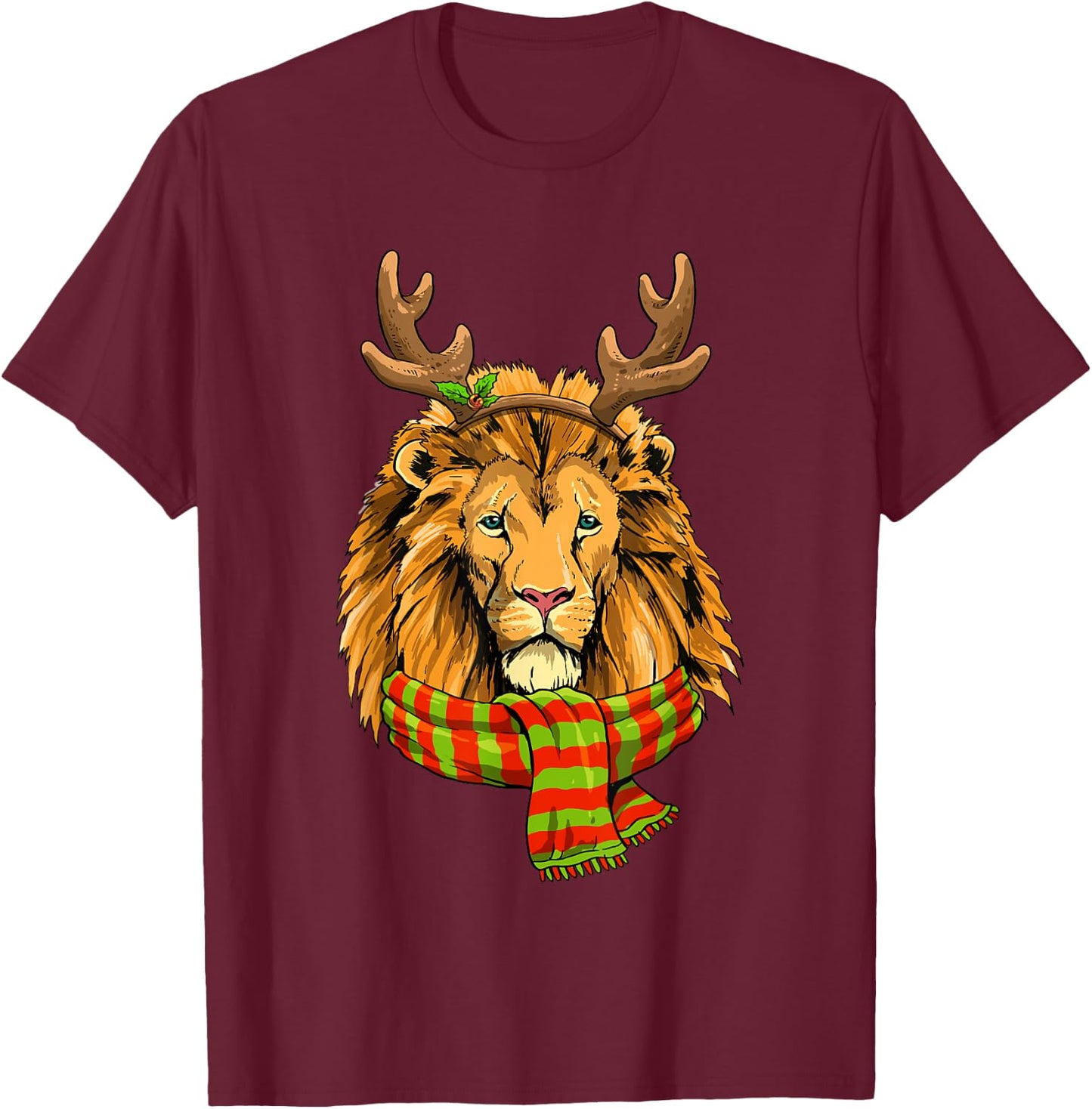 Christmas Lion Head Reindeer Xmas Wildlife Animal Face T-Shirt - T-Shirt | Maroon