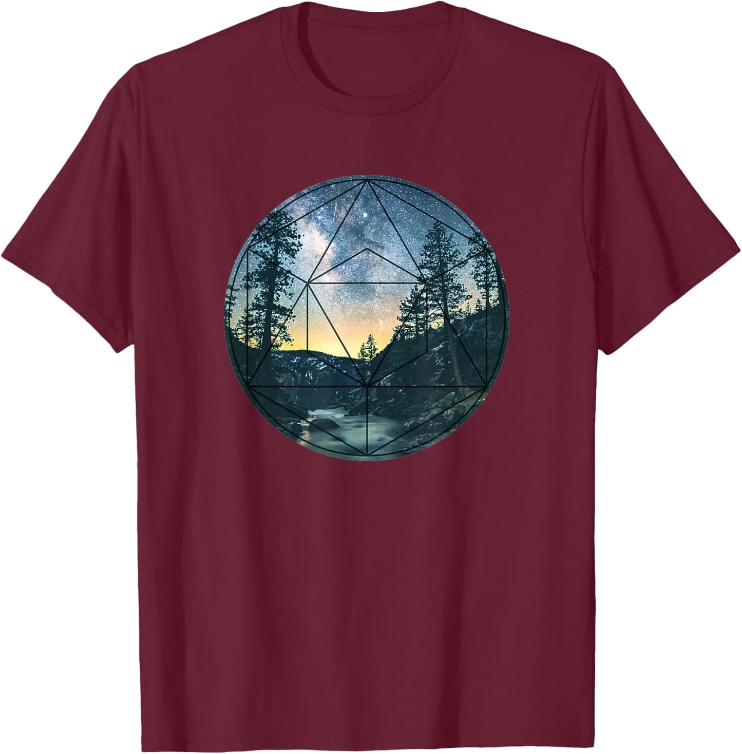 Sacred Geometry Meets Nature Outdoor Mountains & Galaxy T-Shirt - T-Shirt | Maroon