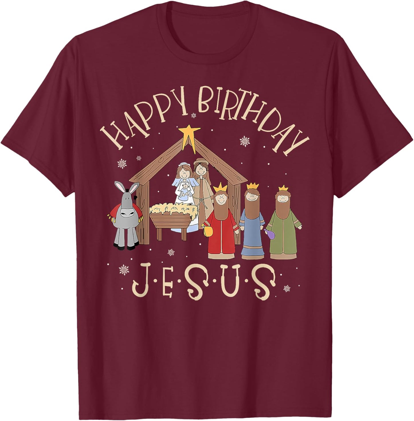 Merry Christmas -Christian Family Group Children Nativity Happy Birthday Jesus Christmas Nativity Christian Black Small Short Sleeve Cotton Blend T-Shirt - T-Shirt | Maroon