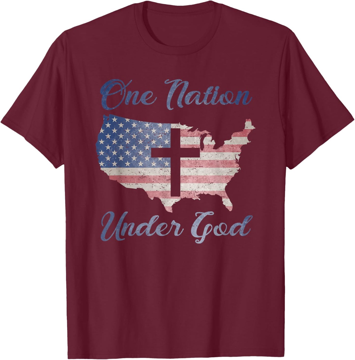 ONE NATION UNDER GOD Christian Cross American Flag USA Map T-Shirt - T-Shirt | Maroon