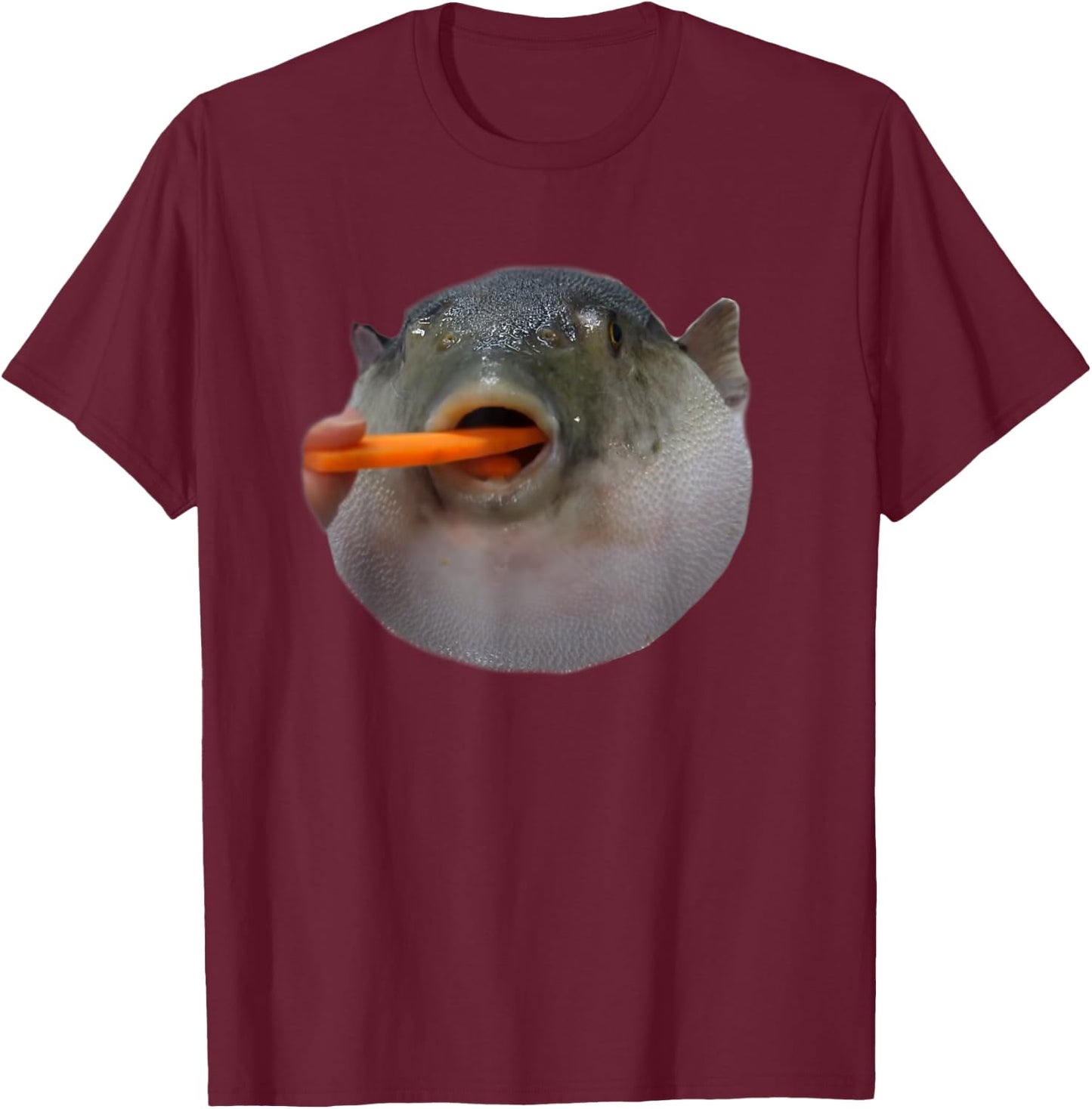 Pufferfish Eating a Carrot Meme Funny Blowfish Dank Memes T-Shirt - T-Shirt | Maroon