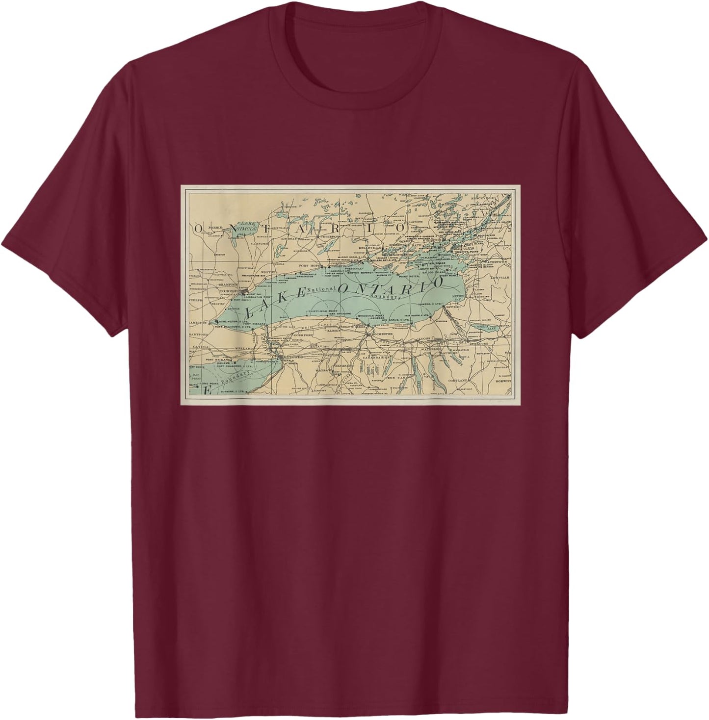 Lake Ontario Lighthouse Map T-Shirt - T-Shirt | Maroon