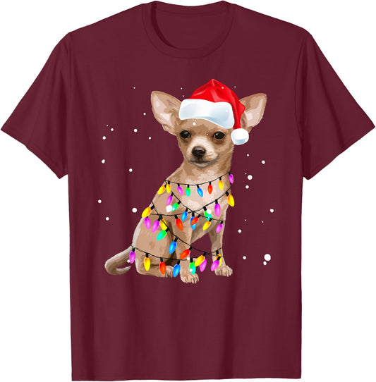 Christmas Lights Chihuahua with Santa Hat Pajamas Shirt T-Shirt - T-Shirt | Maroon