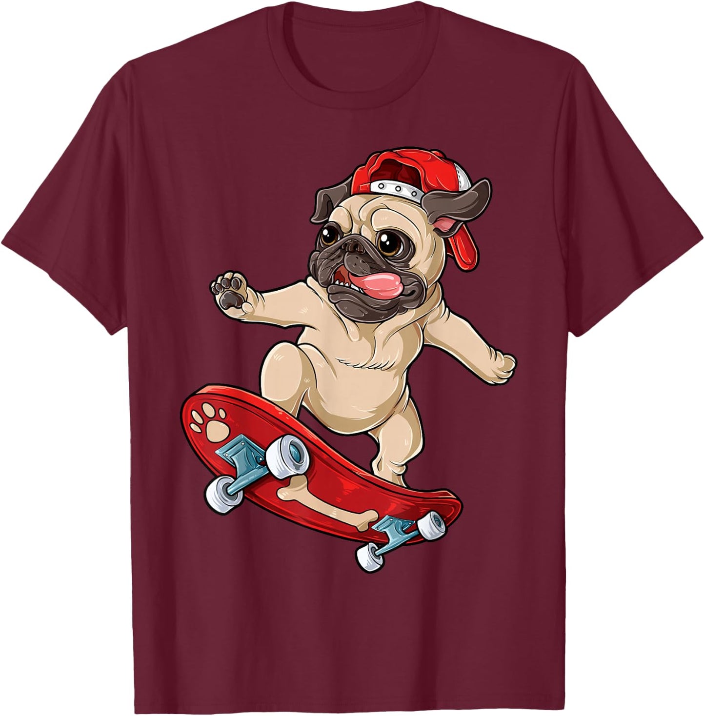 Pug Skateboard T shirt Dog Puppy Funny Skater Skateboarding Women Girls Kids T-Shirt - T-Shirt | Maroon