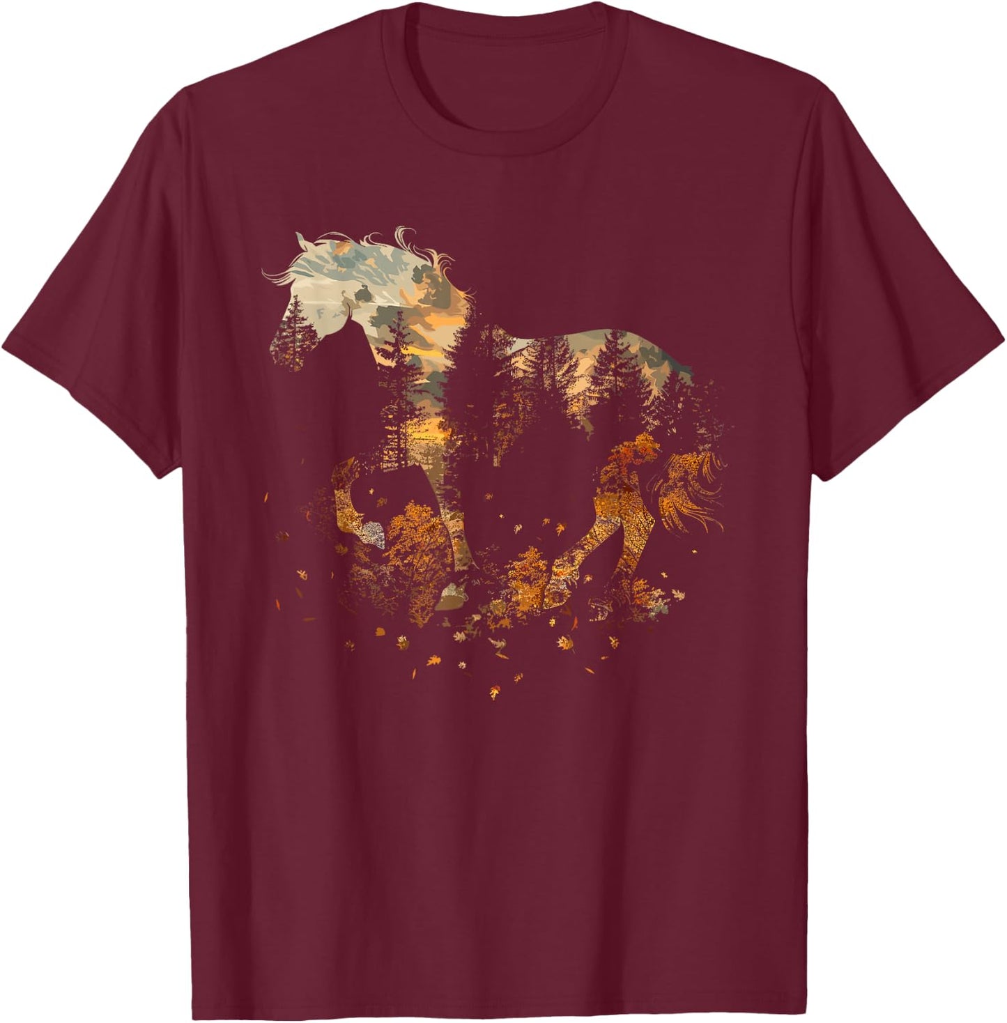 Cute Horse Lover Autumn Leaves Pony Animal Wildlife T-Shirt - T-Shirt | Maroon
