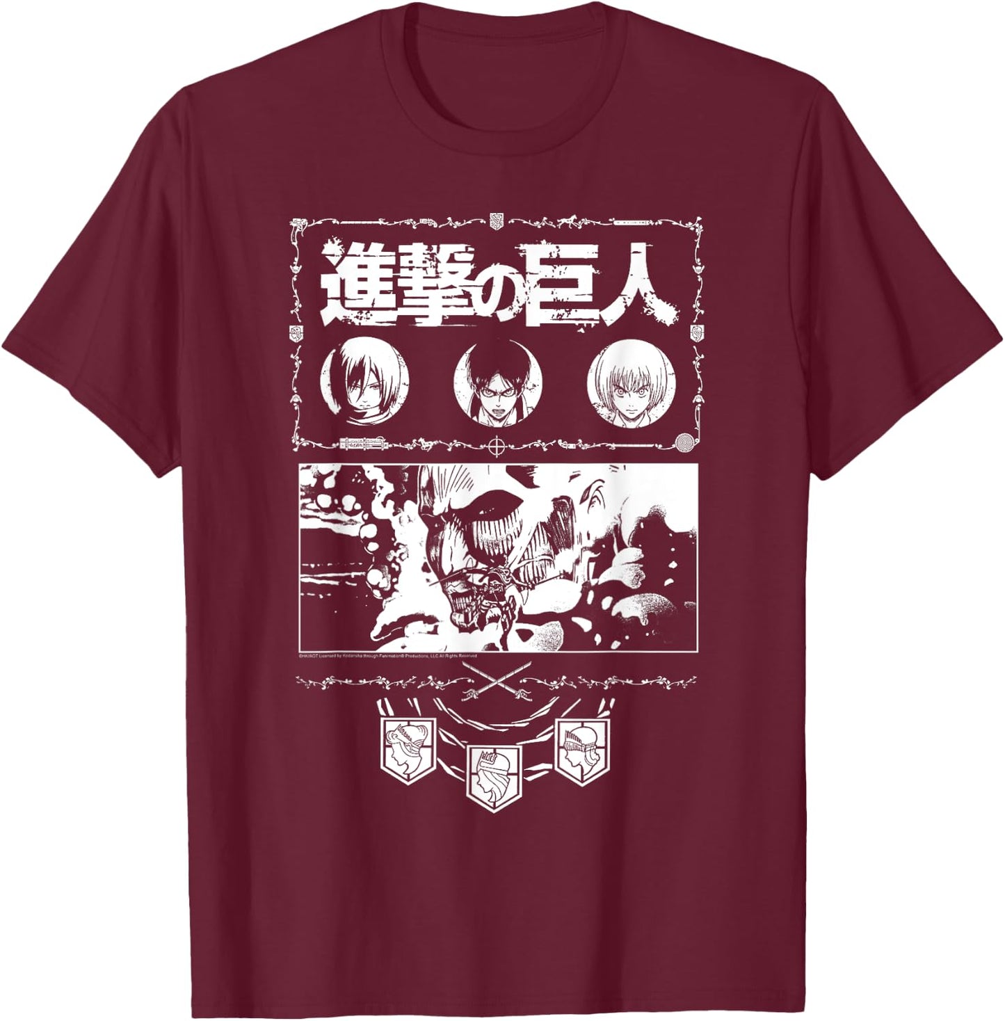 Attack on Titan Ornate Collage White Print AOT Anime T-Shirt - T-Shirt | Maroon