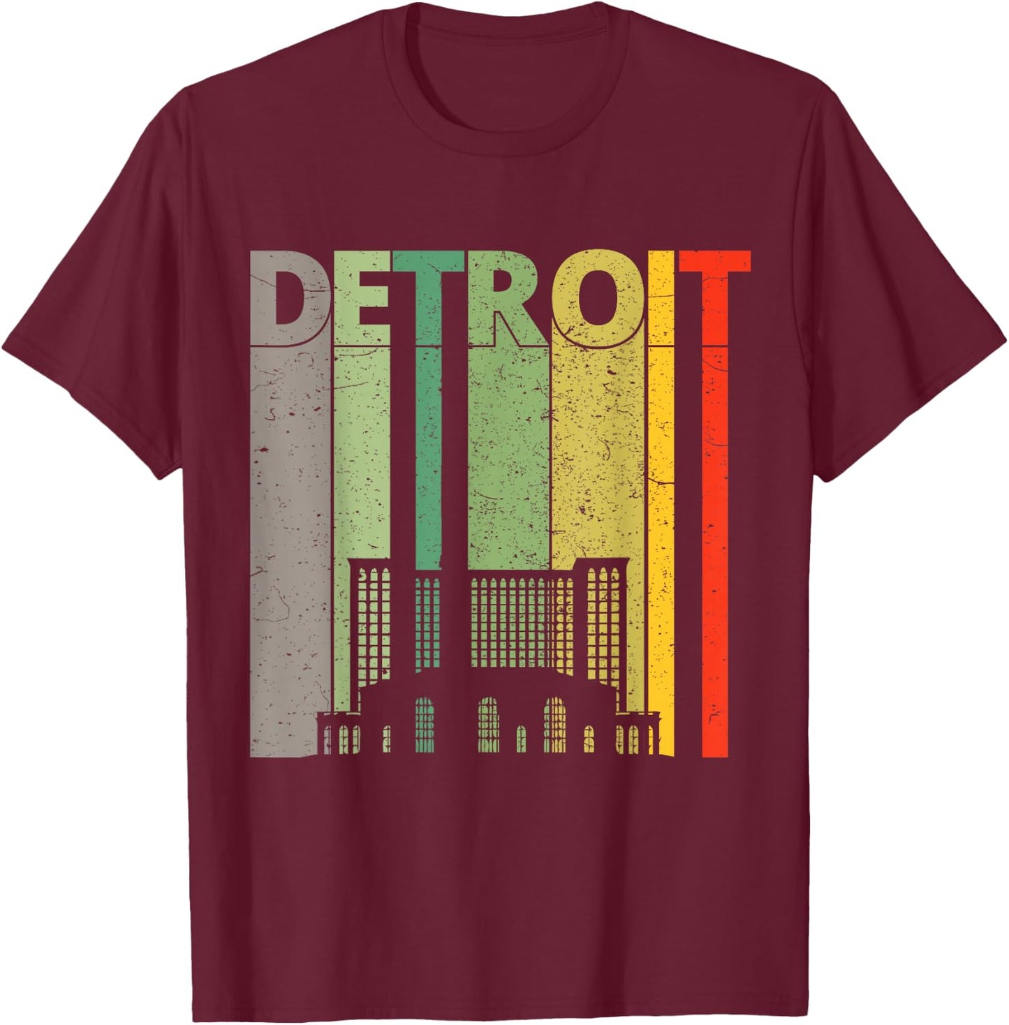 Retro Detroit T Shirt | Vintage Detroit Train Station Shirt T-Shirt - T-Shirt | Maroon