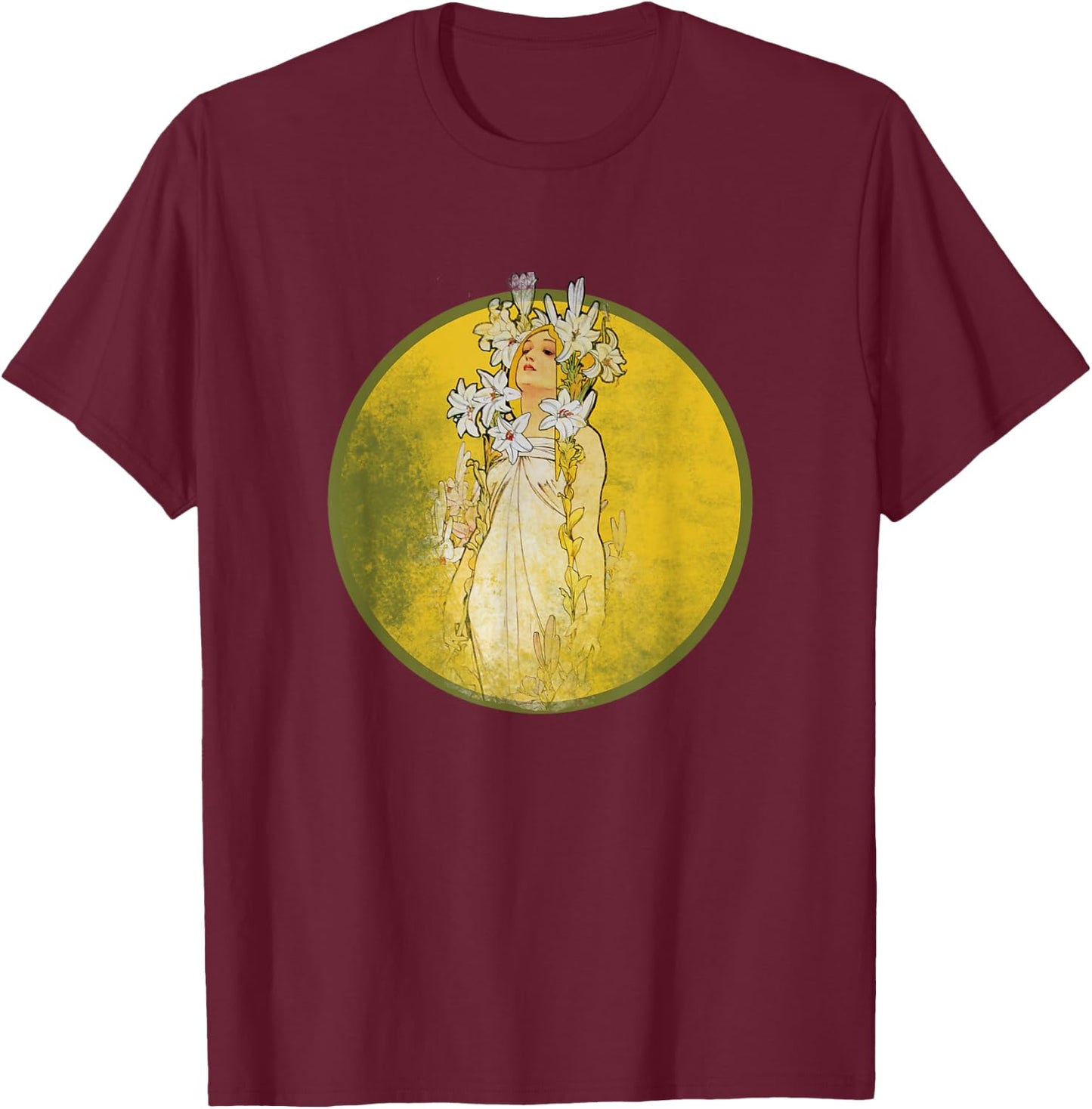 Vintage Art Nouveau Shirt Alphonse Mucha Lily T-Shirt - T-Shirt | Maroon