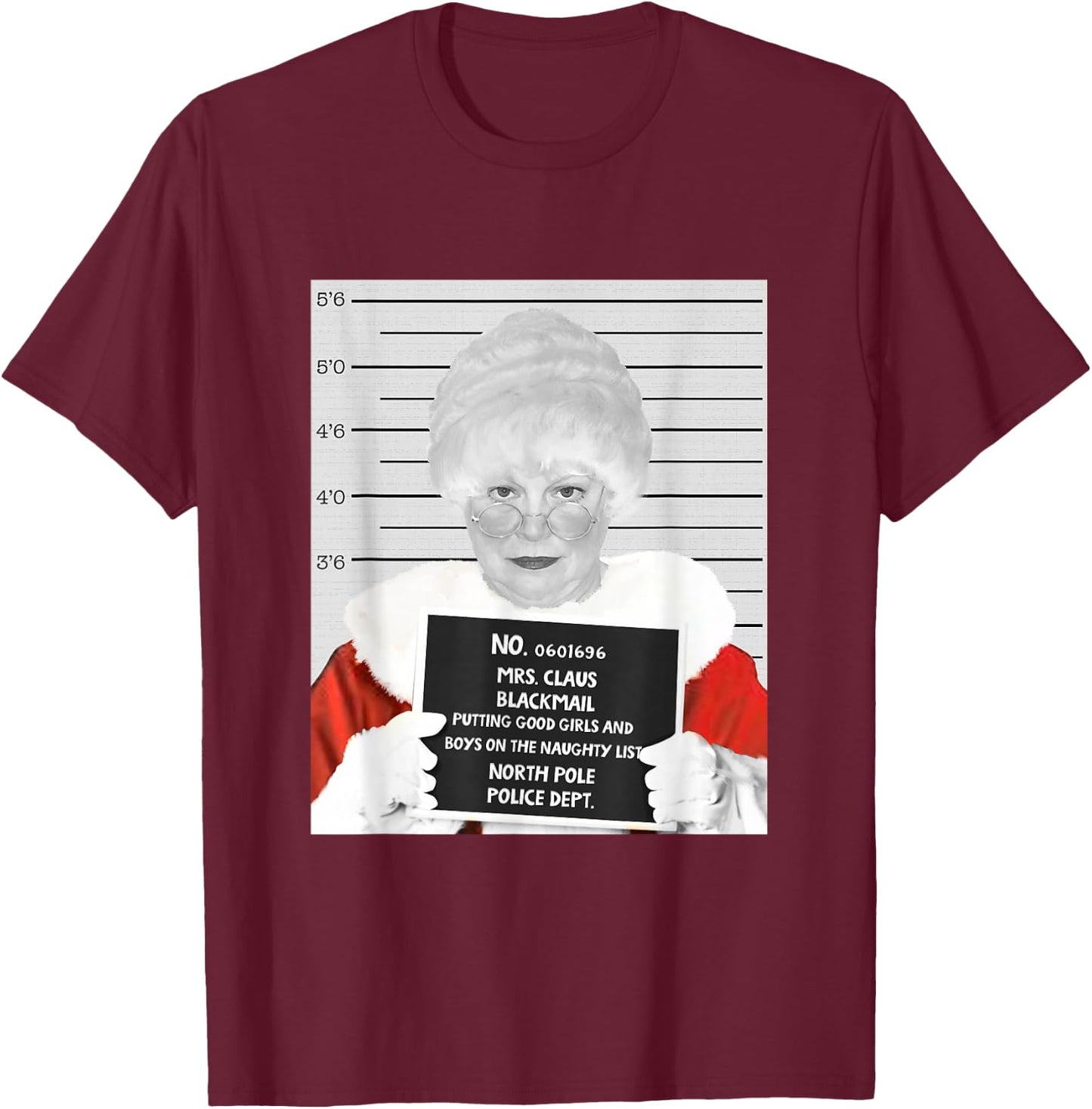 Mrs. Claus Mugshot Arrested in Prison at Christmas T-Shirt - T-Shirt | Maroon