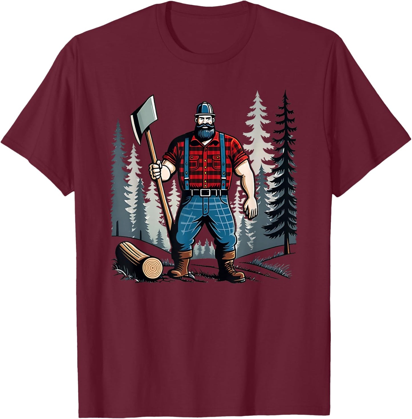 American Lumberjack Folk Hero Paul Bunyan Chopping Wood in The Forest T-Shirt - T-Shirt | Maroon