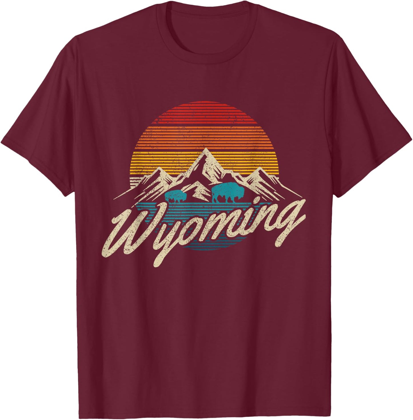 Wyoming Vintage Mountains Bison American Buffalo Gift T-Shirt - T-Shirt | Maroon