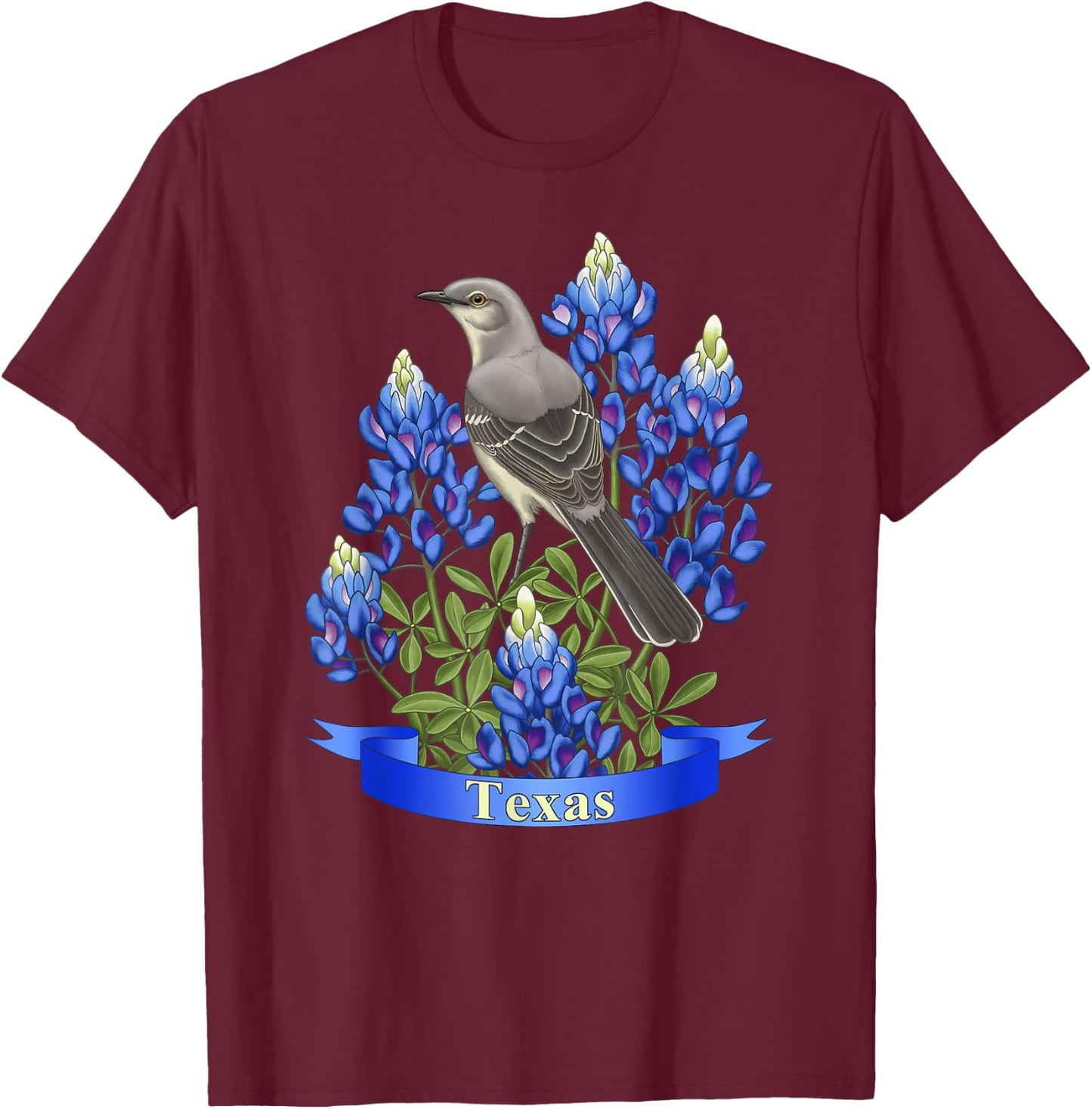 State Bird & Flower Texas Mockingbird & Lupine T-Shirt - T-Shirt | Maroon