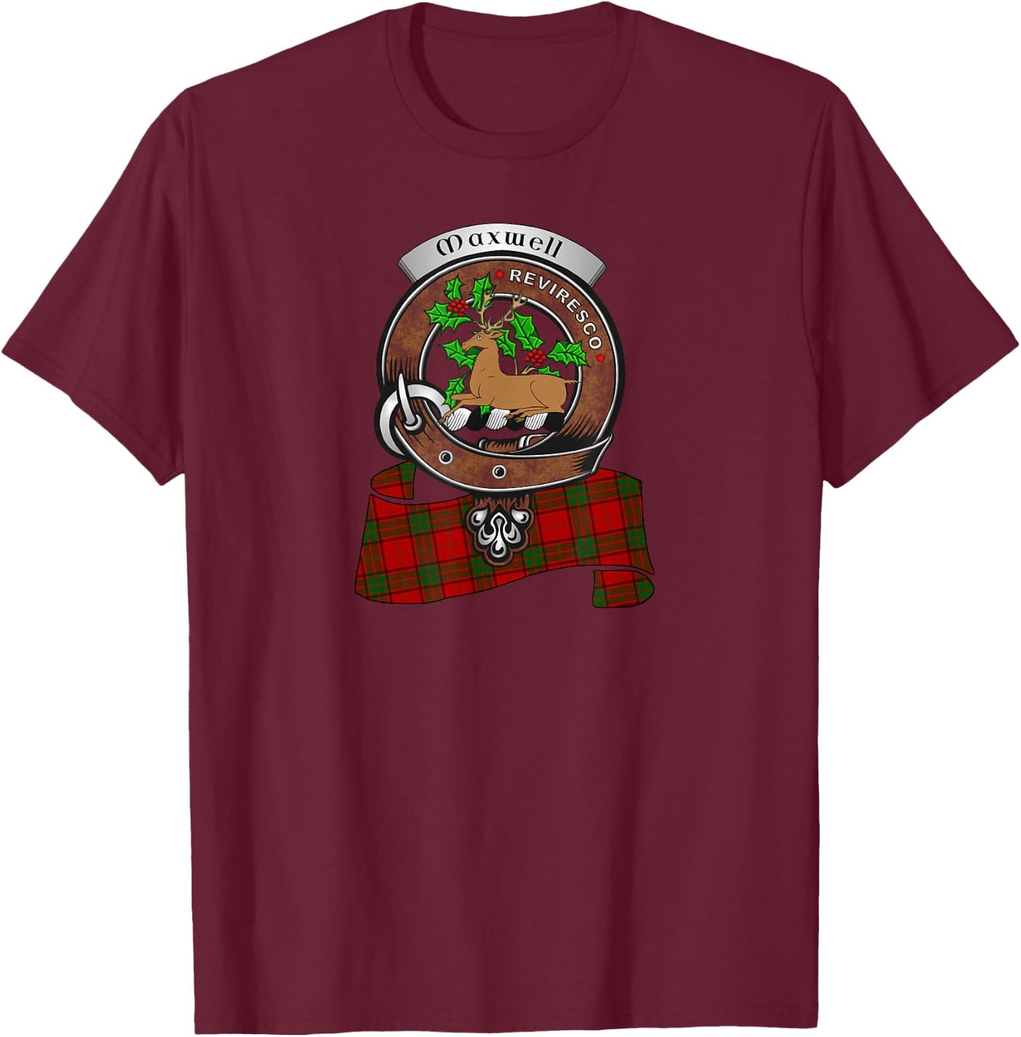Maxwell Scottish Clan Badge & Tartan T-Shirt - T-Shirt | Maroon