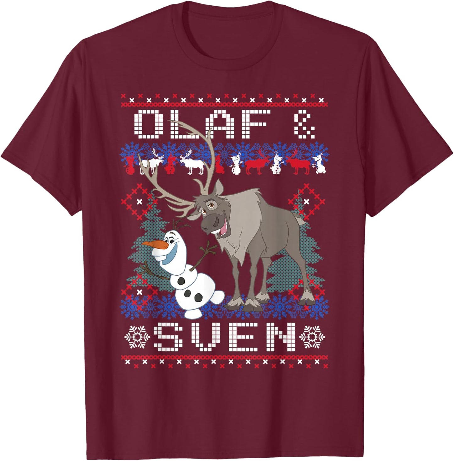 Disney Frozen Christmas Olaf & Sven Ugly Holiday Sweater T-Shirt - T-Shirt | Maroon