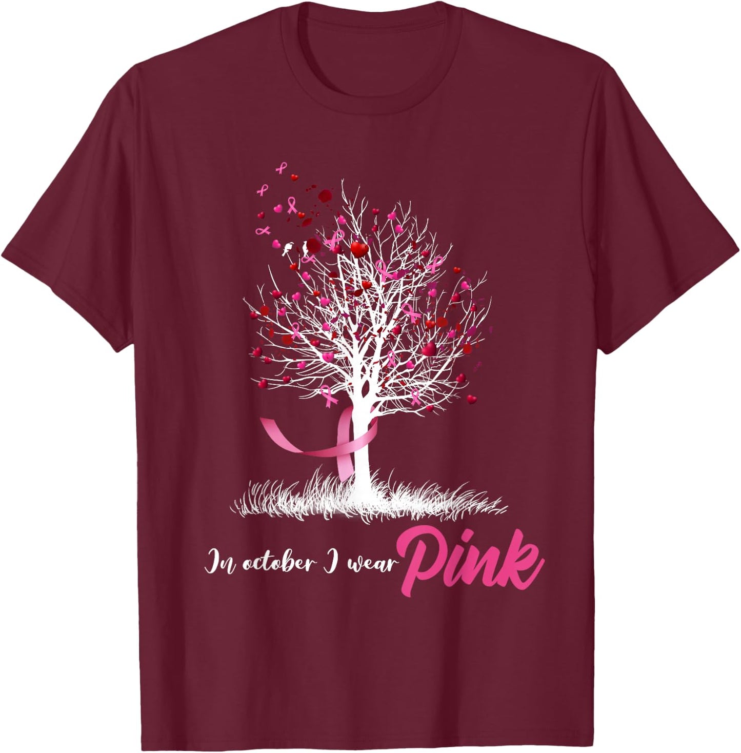In October We Wear Pink Tree Breast Cancer Awareness T-Shirt - T-Shirt | Maroon