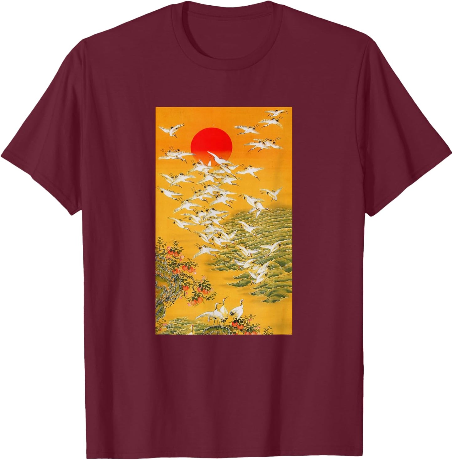 Japanese Crane Vintage Hokusai Woodblock T-Shirt - T-Shirt | Maroon