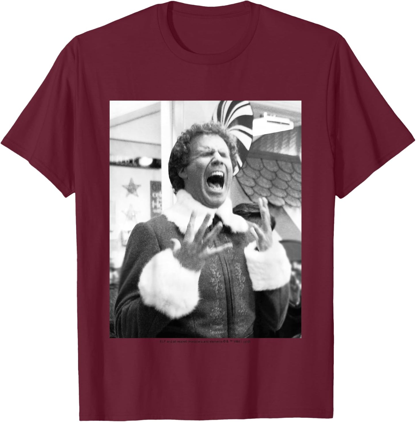 Kids Elf Buddy Black & White Screaming Photo T-Shirt - T-Shirt | Maroon