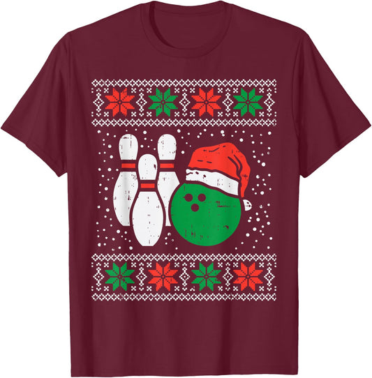 Bowling Ugly Christmas Sweater Sport Bowls Xmas Men Gift T-Shirt - T-Shirt | Maroon