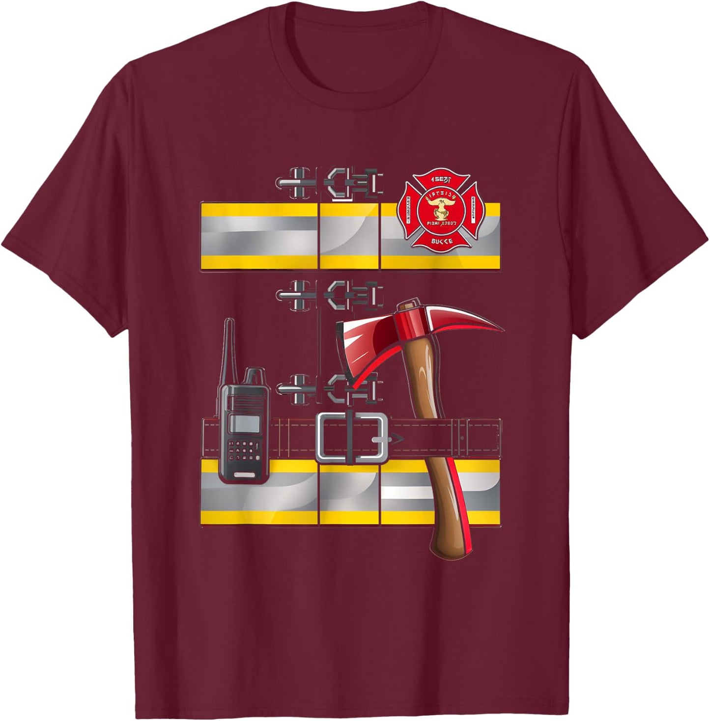 Firefighter Costume Fireman Axe Badge Radio Halloween T-Shirt - T-Shirt | Maroon
