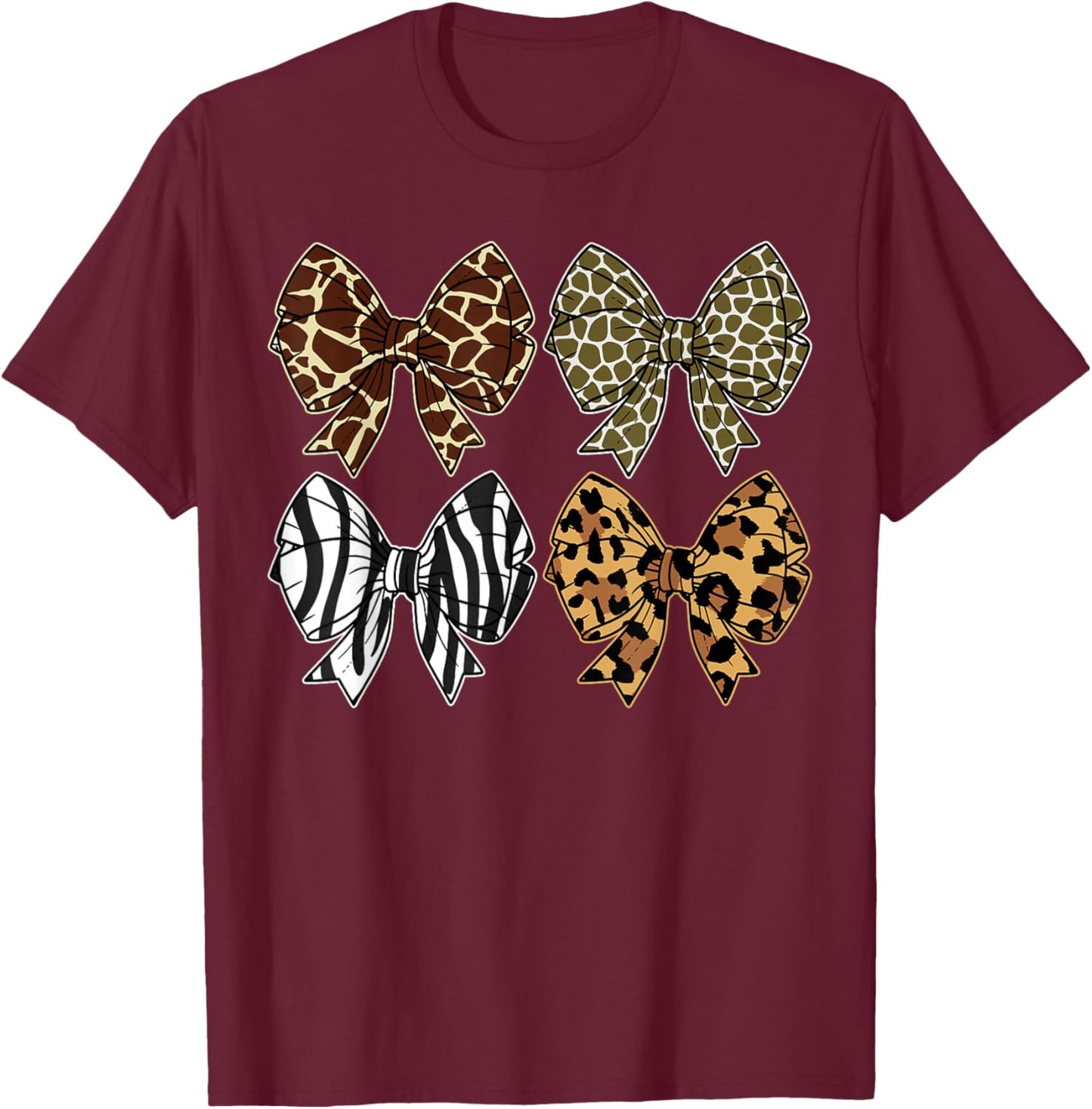Coquette Bow Zoo Animals Pattern Wildlife Safari Women Girls T-Shirt - T-Shirt | Maroon