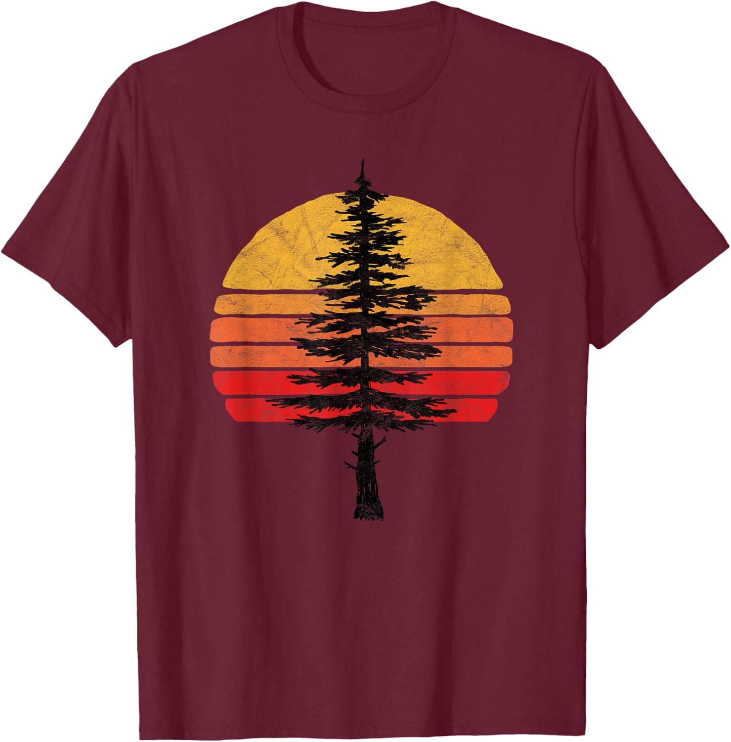 Retro Sun Minimalist White Pine Tree Illustration Graphic T-Shirt - T-Shirt | Maroon