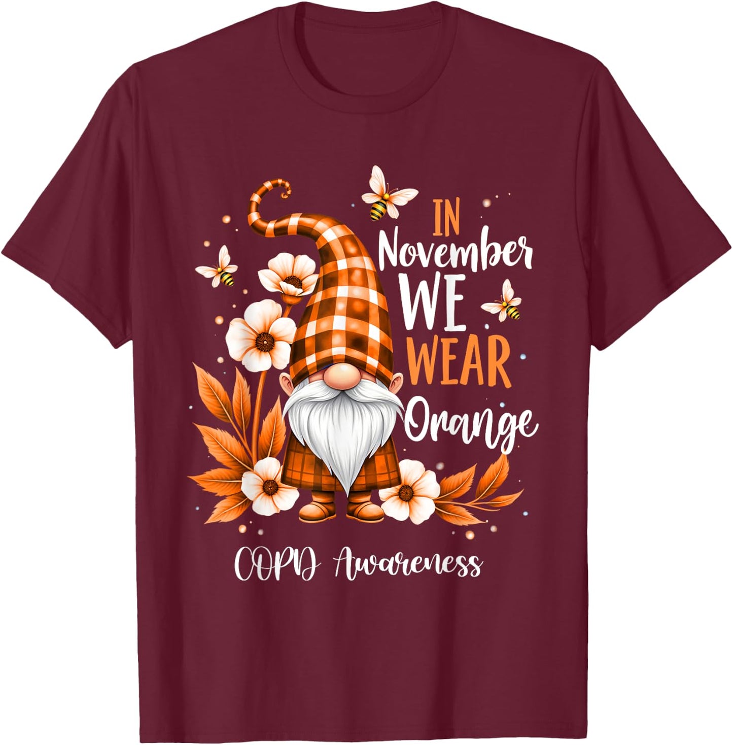 COPD Awareness Gnome In We Wear Orange Men Women Support T-Shirt - T-Shirt | Maroon