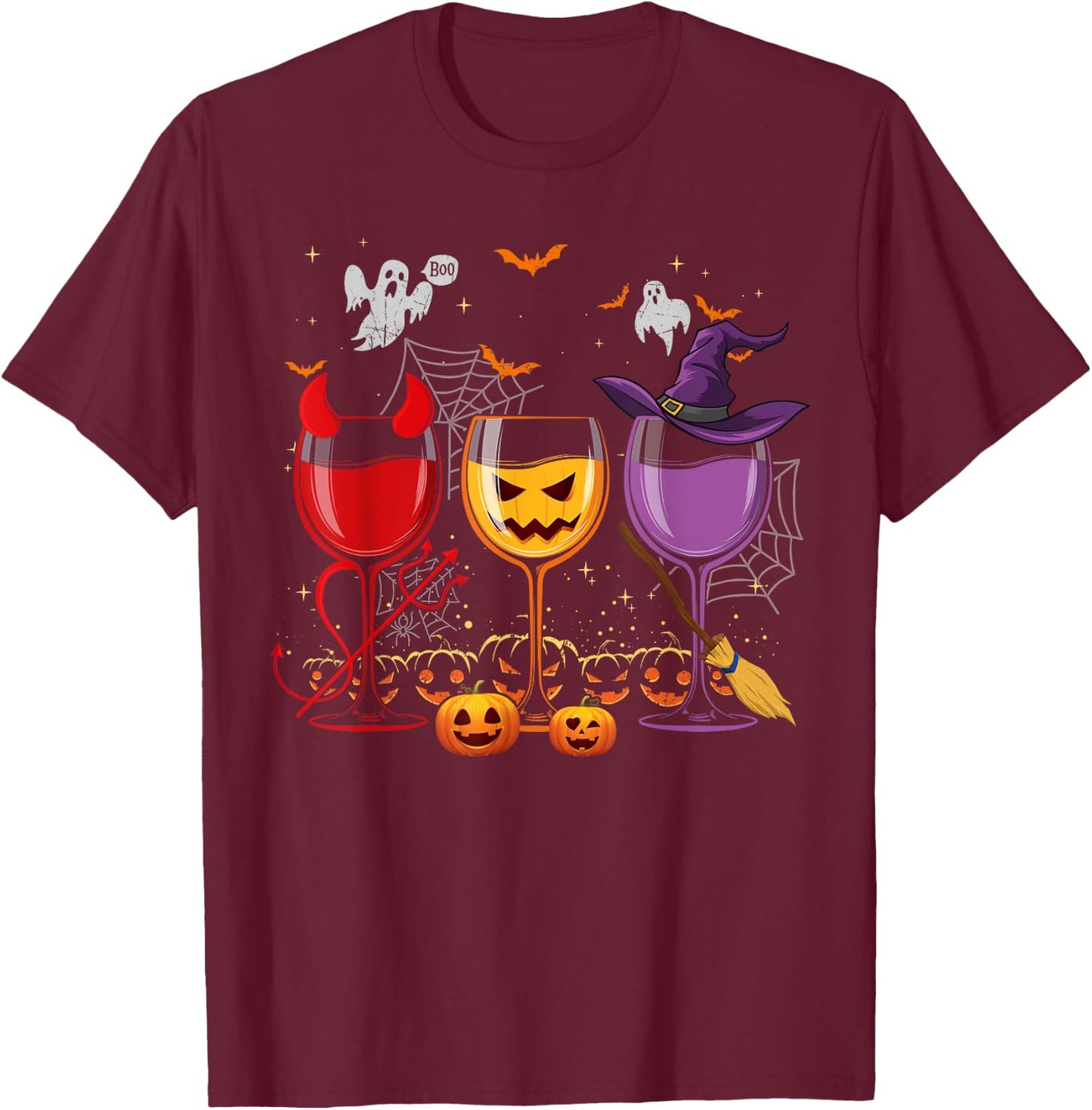 Three Glasses Of Wines Funny Halloween Wine Lover T-Shirt - T-Shirt | Maroon