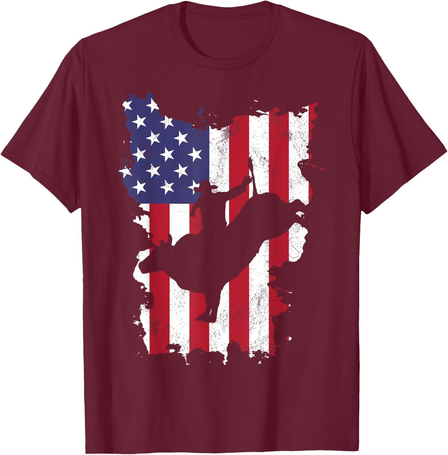 Bull Riding Rodeo Cowboy USA Flag 4th Of July US America T-Shirt - T-Shirt | Maroon