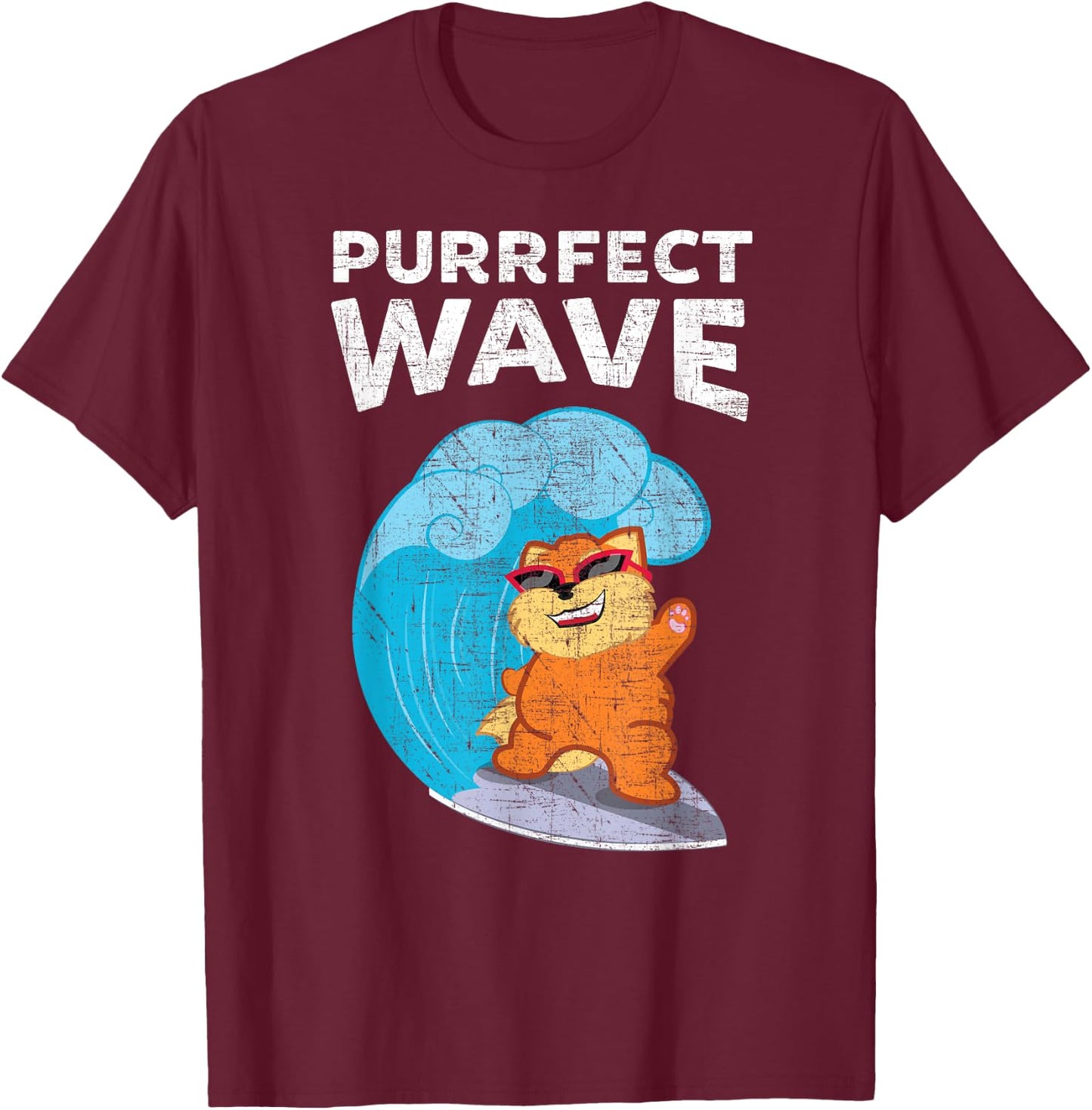 Purrfect Wave Cool Retro Vintage Cat Surf design Men Women Kids T-Shirt - T-Shirt | Maroon