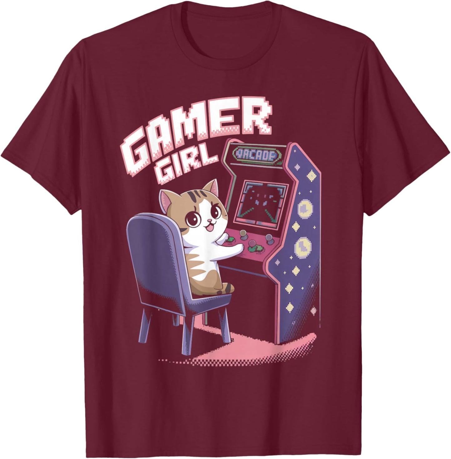Gamer Girl Cat Kitten Arcade Gamer Gaming Video Game Arcade T-Shirt - T-Shirt | Maroon