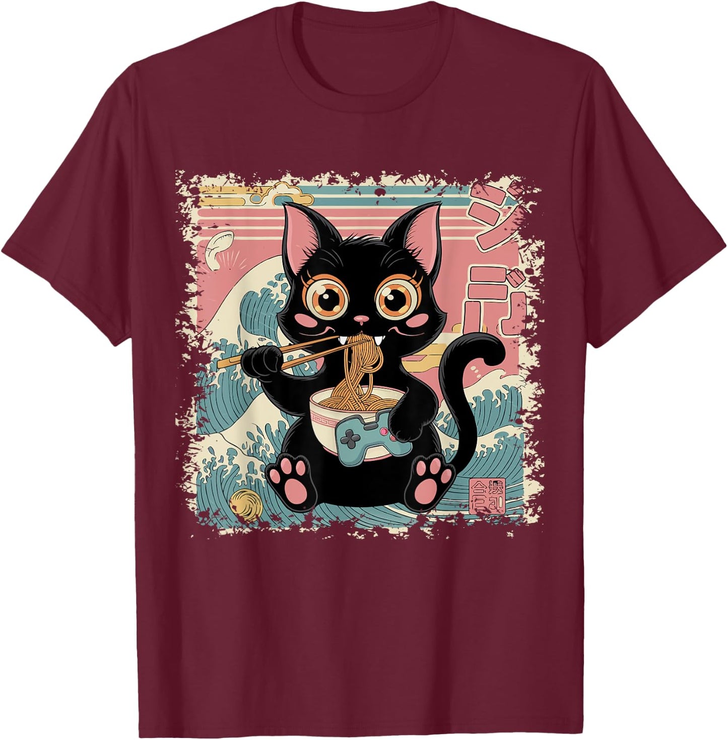 Cat Ramen Gaming Japanese Funny Graphic Kawaii Cat Anime T-Shirt - T-Shirt | Maroon