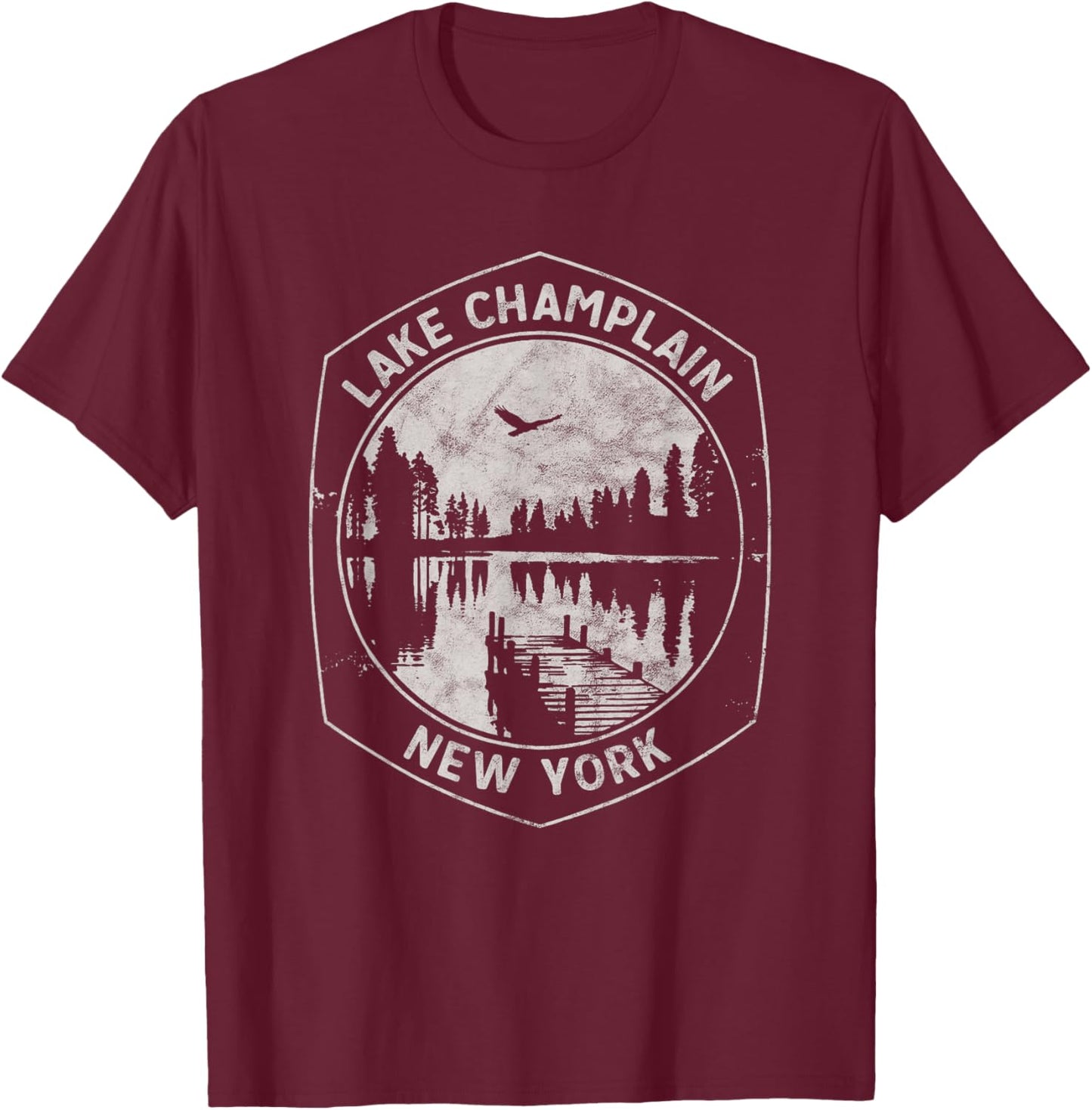 Vintage Lake Champlain New York Outdoors Vacation T-Shirt - T-Shirt | Maroon