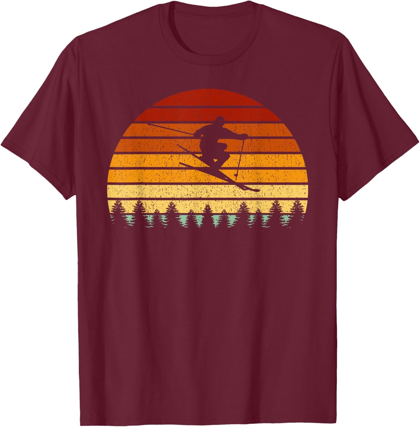 Vintage Sunset Skiing Gift Skiers T-Shirt - T-Shirt | Maroon